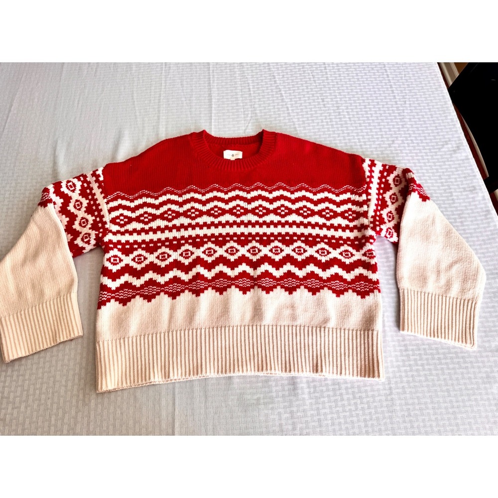 Lou & Grey Red Fair Isle Nordic Sweater Large Winter Holiday Knit Crewneck